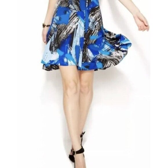 Vince Camuto Abstract Bright Blue White Black Print A Line Skirt Size 10 Lined - Picture 1 of 10